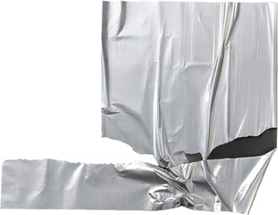 Shiny Crumpled Silver Foil Tape Piece Isolated With Wrinkled Texture and Torn Edges for Design or Mockup Use