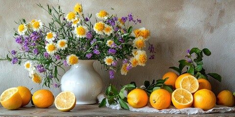 Still life in French market style with wildflowers and citrus © Pech