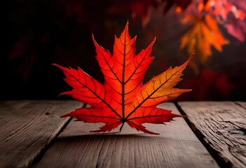 Vibrant red maple leaf on wooden surface with dramatic lighting, symbolizing autumn, fall season, natural beauty, Canadian identity, and seasonal change.