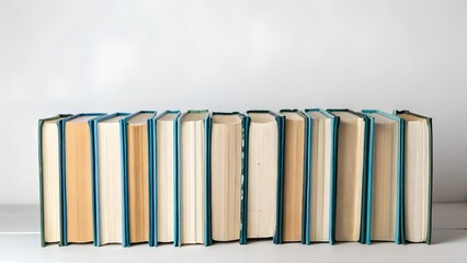 A row of books with blue and green covers, standing upright against a plain white background. The books have varying shades of yellow and white pages.