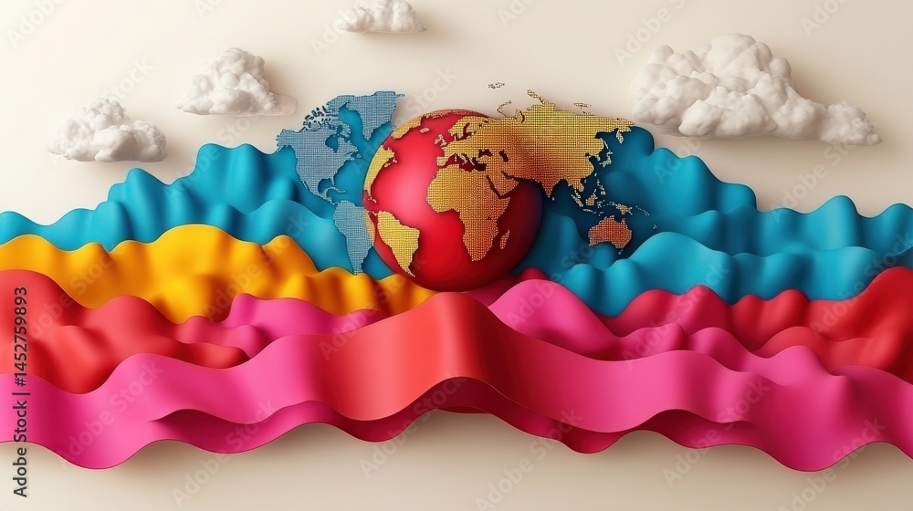 Poster colorful 3d representation of earth with waves and clouds, symbolizing global unity and creativity