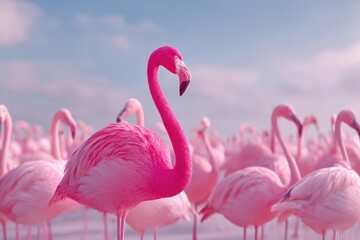 Fototapeta premium A flock of vibrant pink flamingos stands together under a clear sky, with one flamingo prominently in focus.