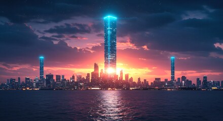 Obraz premium Futuristic City Skyline at Sunset with Glowing Towers