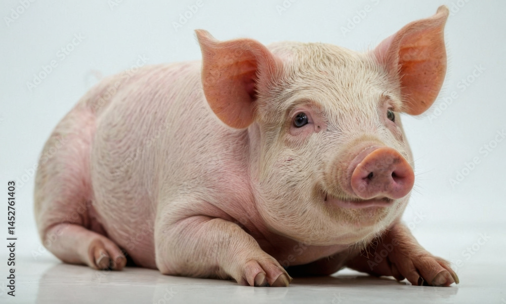 Poster a small pig is lying down on a clean and white surface, making it suitable for use as an illustratio