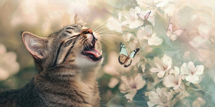 The cat yawns as butterflies bloom from white flowers, background hazy and floral shapes warped like ink on water.