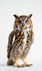 A close-up view of an owl sitting on a white background, great for wildlife or nature-related projects
