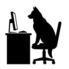 Dog sitting at computer desk silhouette
