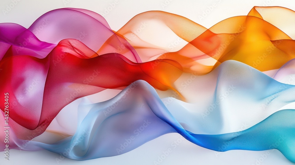 Poster colorful abstract waves of translucent ribbons overlapping on smooth white backdrop