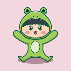 Vector cartoon of a child in a green frog costume smiling