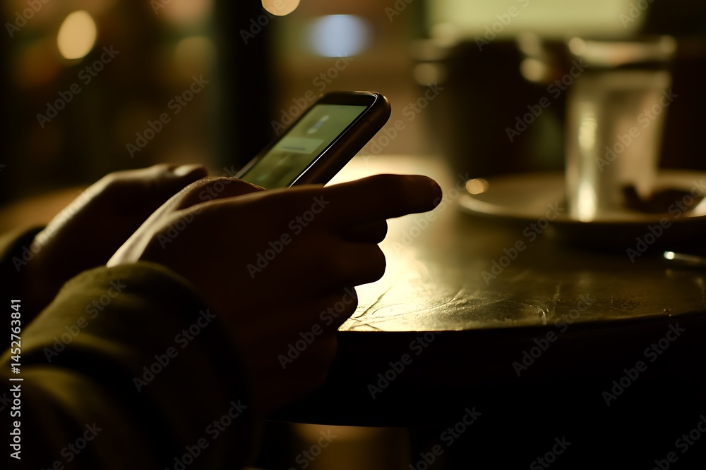 Poster close up of person using smartphone in cafe ambient light focusing on hands and device display while
