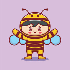 Smiling child in yellow bee costume with wings and antennas vector