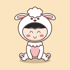 Child in fluffy sheep costume with cartoon face, vector illustration