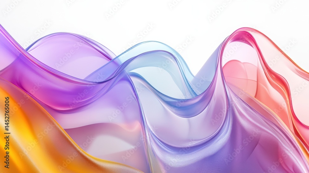 Poster colorful abstract waves of translucent ribbons overlapping on smooth white backdrop