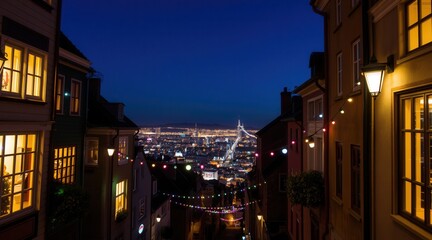 Obraz premium Charming City Alley at Night: Lights Leading to Distant Skyline