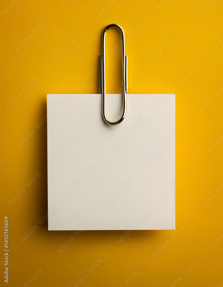 Poster paper note on yellow wall. blank white card attached with metal clip. simple message or reminder. ye