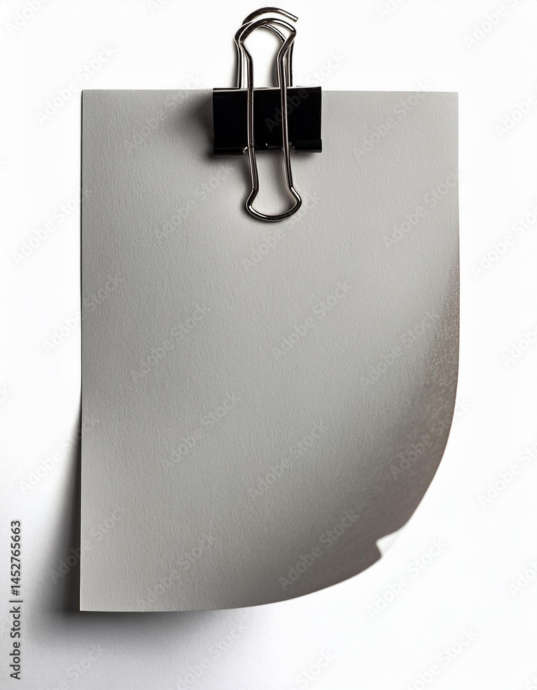 Aufkleber paper sheet held by clip. blank grey paper. isolated paper page with curl. paper note clipping on wh