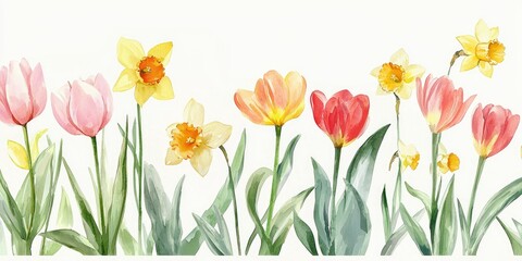 Watercolor tulips and daffodils for a soft spring floral print