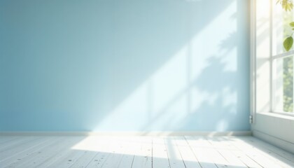 Obraz premium Bright empty room with light blue walls and sunlight streaming through the window, airy and serene copy space 