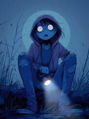 A frightened young person seated outdoors at night.