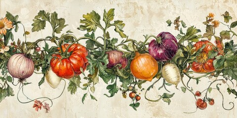 Whimsical Victorian illustration with floral vines and vintage vegetables