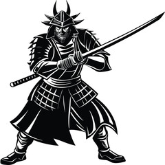 Samurai Warrior Vector Illustration: Black and White Graphic of Japanese Swordsman in Armor with Katana Sword for Martial Arts Design