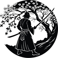 Samurai Warrior with Katana Sword Under Cherry Blossom Tree - Japanese Art Vector Illustration in Black and White Silhouette Style
