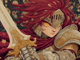 Detailed illustration of a warrior in ornate armor.