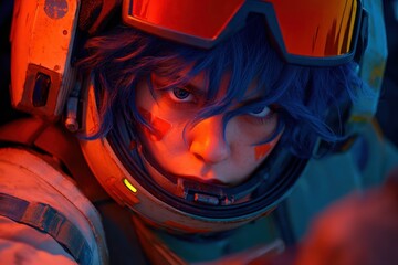 Close-up portrait of a character in futuristic armor.