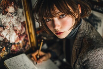 Close-up portrait of a young person writing in a notebook.