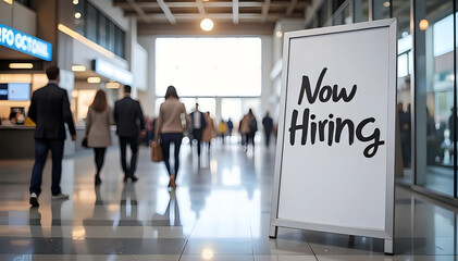 "Now Hiring" job recruitment sign in busy shopping mall background, job promotion concept 