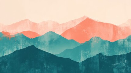 Mountain-themed abstract background with layered peaks, sunrise gradients in coral and teal, textured brush strokes, modern minimalist layout with central blank space for travel message.