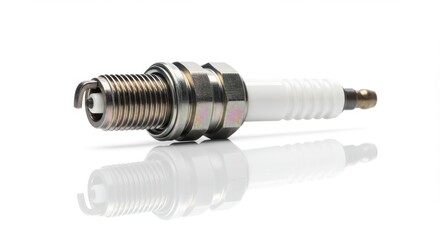 Close up of a spark plug on a white reflective surface studio