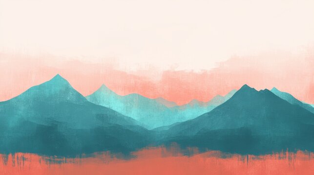 Mountain-themed abstract background with layered peaks, sunrise gradients in coral and teal, textured brush strokes, modern minimalist layout with central blank space for travel message.