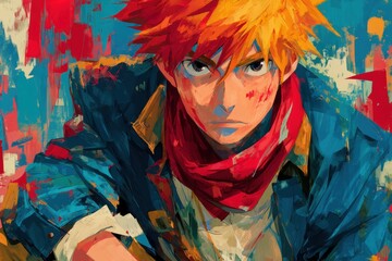 Intense young male figure with vibrant colors and painterly style.