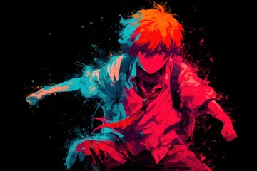 Dynamic figure illustration with vibrant color splatter.