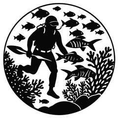 Fototapeta premium Spearfishing Silhouette: Underwater Hunter with Spear, Fish, and Coral Reef - Black and White Vector Illustration