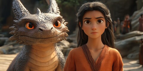 Animated young girl and dragon in a close-up scene.