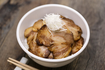 Chashu pork rice bowl, One of the standard side menu at Japanese ramen restaurants.
