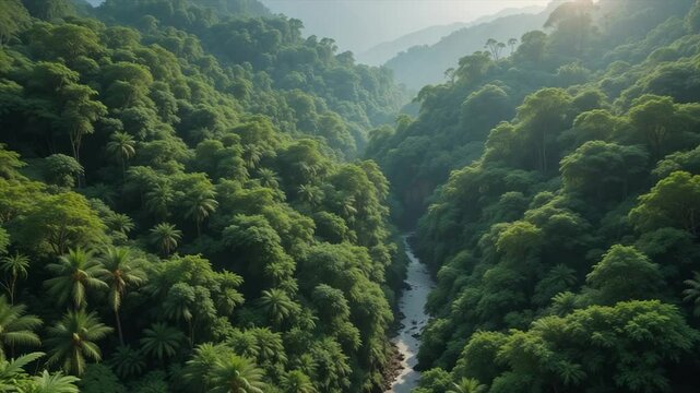 Overhead perspective of a dense forest canopy demonstrating natural growth and leafy textures under bright sunlight