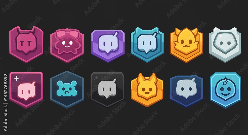 Poster collection of badges: a compilation of colorful badges, each representing a unique concept. showcasi