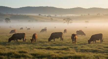 A tranquil scene of cows grazing peacefully in a misty field during sunrise or sunset.