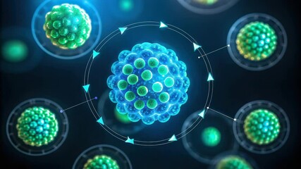 A digital illustration of a virus structure surrounded by other viral particles, highlighting molecular interactions in a vibrant, scientific depiction. - Powered by Adobe