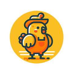Fototapeta premium Vector icon. Cartoon chicken wearing a hat and apron against a yellow background in a minimalistic flat design. Part of a farming icon set.