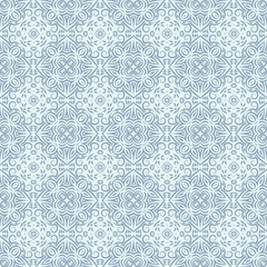 Seamless pattern with intricate lace ornamental design. Blue grey damask geometric background with sophisticated and elegant shapes for textile, wallpapers, linen