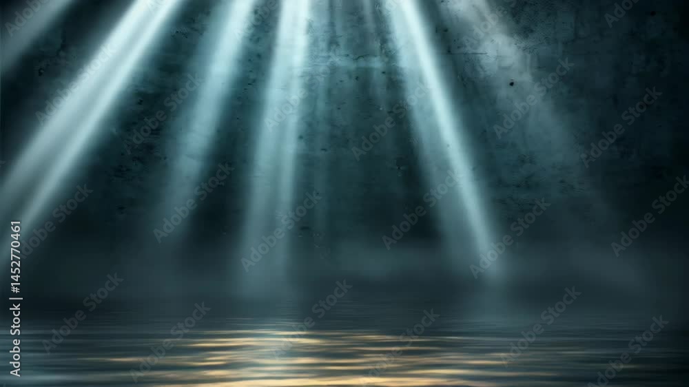 Poster rays of light illuminating a dark, misty space with reflections on rippling water, creating an ether
