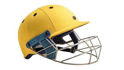 Yellow cricket helmet with protective grille, style, isolated on transparent background, professional cricket sports gear.

