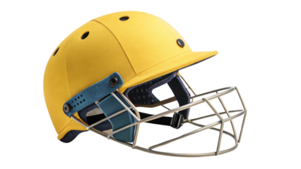 Yellow cricket helmet with protective grille, style, isolated on transparent background, professional cricket sports gear.
