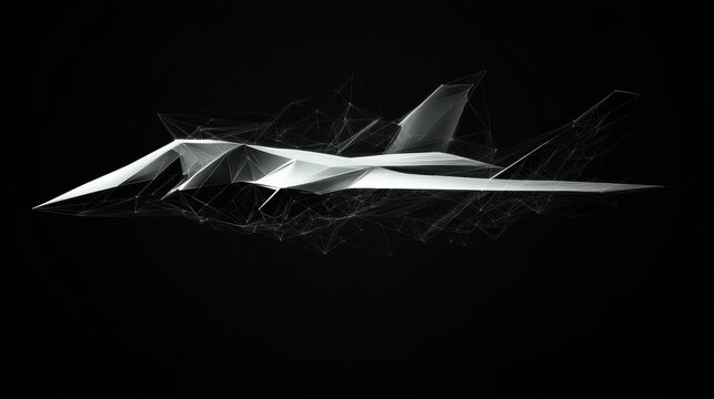 Abstract polygonal airplane on black background. AI and teamwork concept. 3D Rendering illustration
