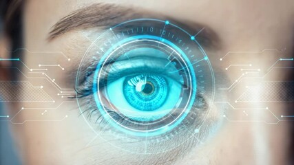A close-up of a human eye enhanced with digital technology, featuring blue hues and futuristic graphics, symbolizing advanced vision and innovation. - Powered by Adobe