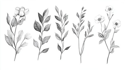 Naklejka premium Minimal botanical wedding frame elements on white background. Set of wreath, flowers, leaf branches in hand drawn pattern. Foliage line art design for wedding, card, invitation, greeting, logo. illus